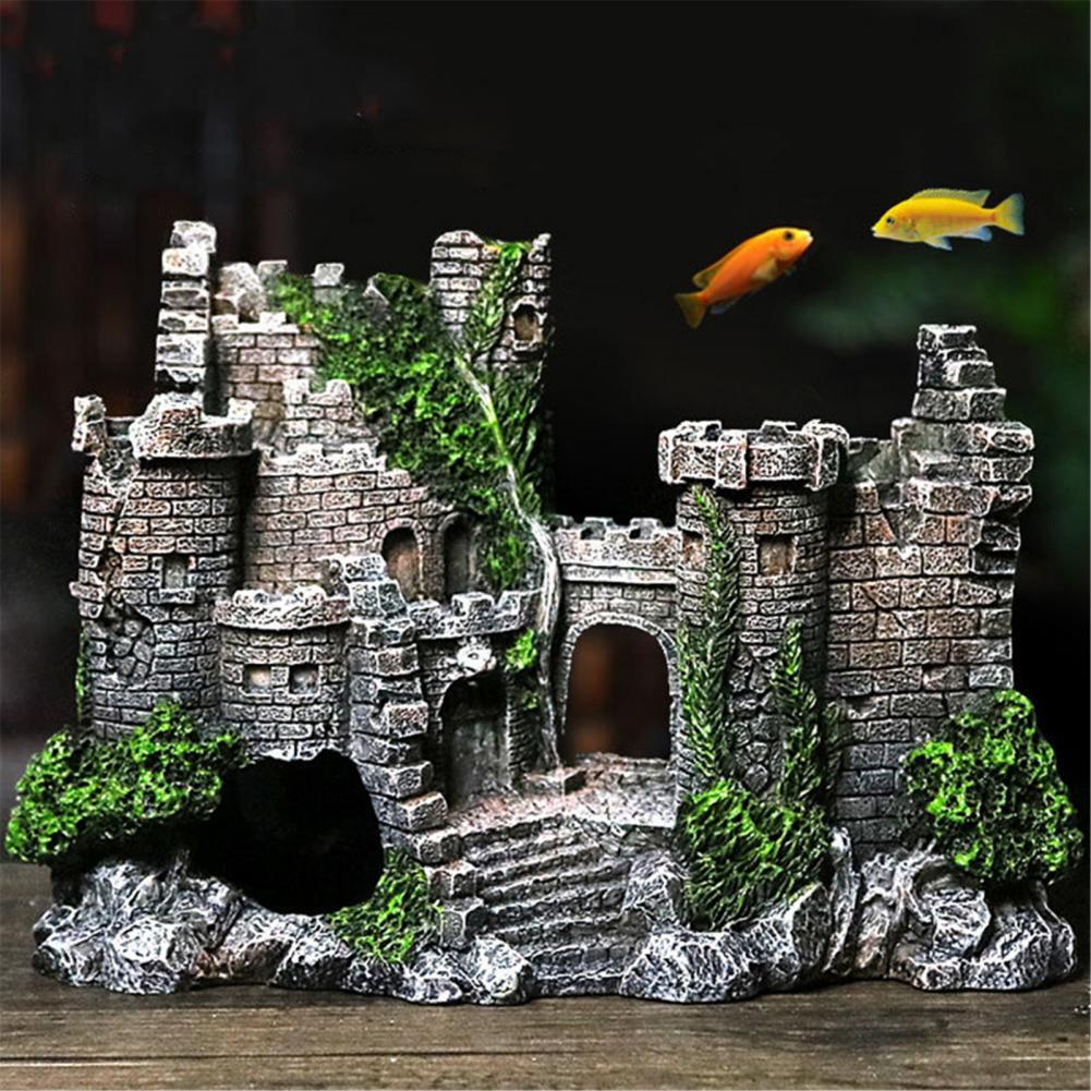 Aquarium Resin Artificial Rockery Mini Castle House Ornament Decor Landscaping Grey Simulation Double-layer Castle