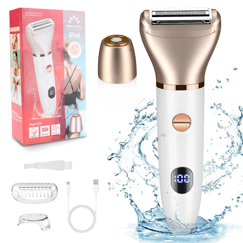 Elektriske barbermaskiner til kvinder 2 in 1 bikinitrimmer våd og tør brug elektrisk ladyshaver til private områder nem at rengøre bærbar: Sort