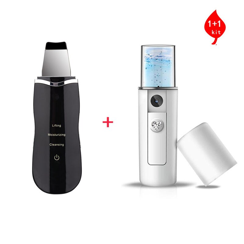 Ultrasonic Nano Ion Skin Scrubber Cleaner Face Lifting Peeling Extractor Deep Cleaning Beauty Device + Facial Steamer Sprayer: Red