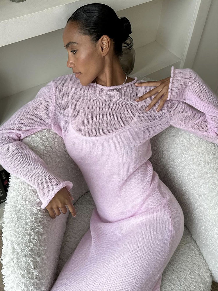 Forår efterår o-hals elastisk strik lange kjoler kvinder chic blød dame udhulende sweaterkjoler femme