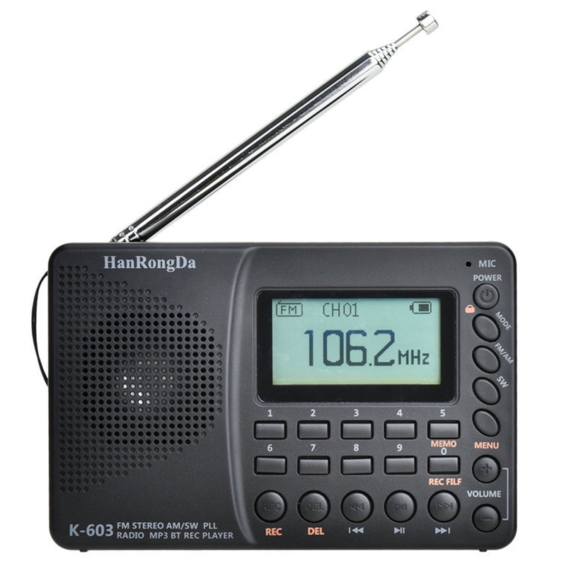 Hanrongda k -603 fuldbåndsradio bluetooth fm am sw bærbar lommeradio  mp3 digital rec optager understøtter micro-sd-kort: Default Title
