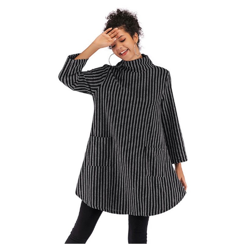 Vinter sweater kjole kvinder efterår rullekrave sweatere damer løse strikkede sweatre stribet højhalset sweater kvindekjole: Mørkegrå stribe / Xl