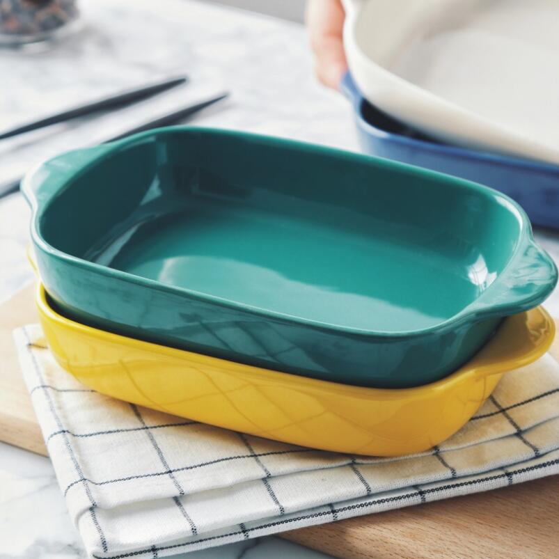 European-Style Glazed Ovenware Baking Dish Double-Eared Rectangular Ceramic Baking Mould Pasta Dishes Pans Baking Tray Kitchen
