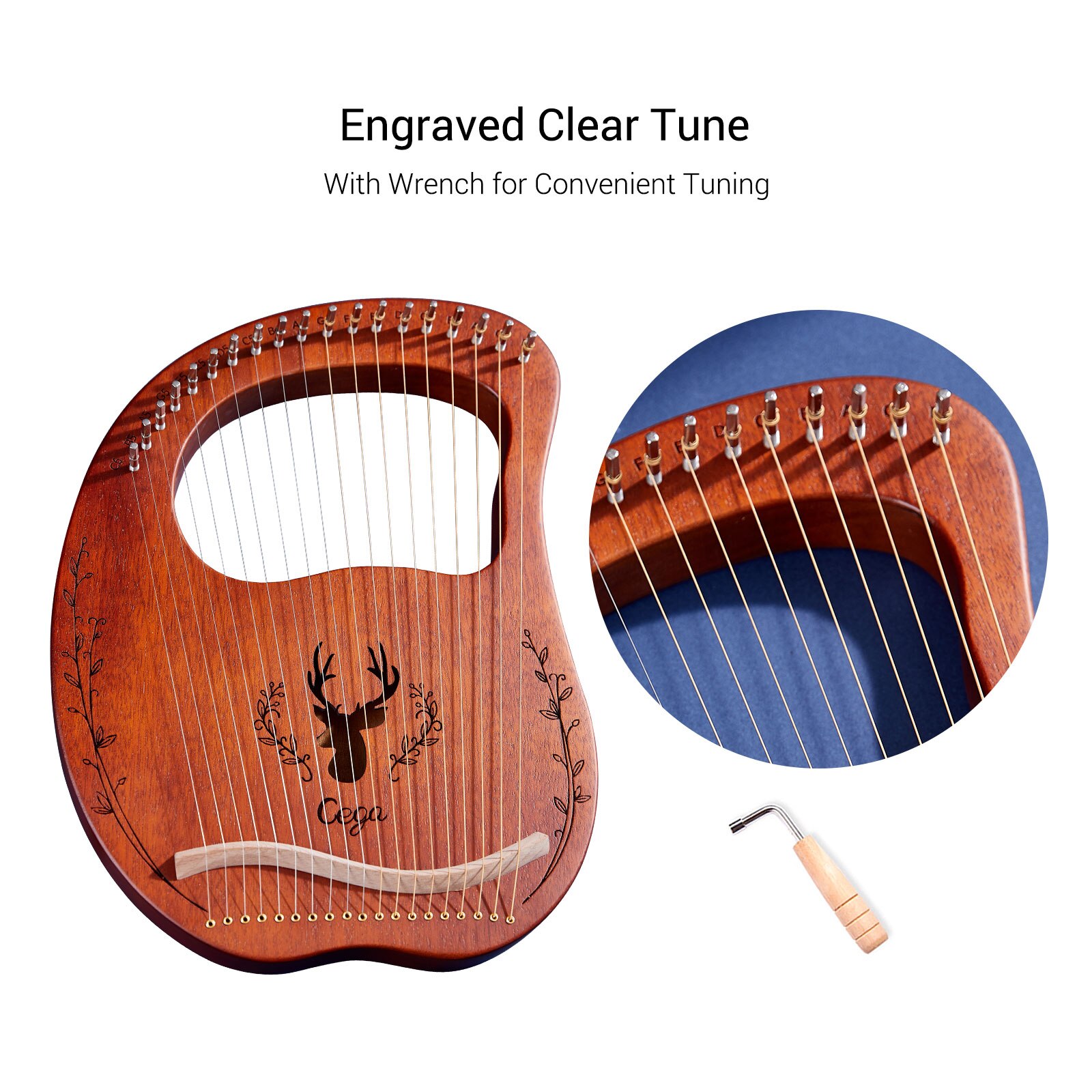 19-- strängad trä lyra harpa resonanslåda stränginstrument med stämnyckel 3 st hackor
