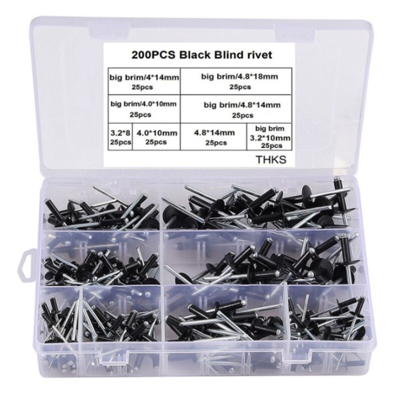 200Pcs Black Blind Rivets Aluminium Rivets High Strength Round Head Blind Rivet Assortment Kit Countersunk Rivets Screws: Default Title