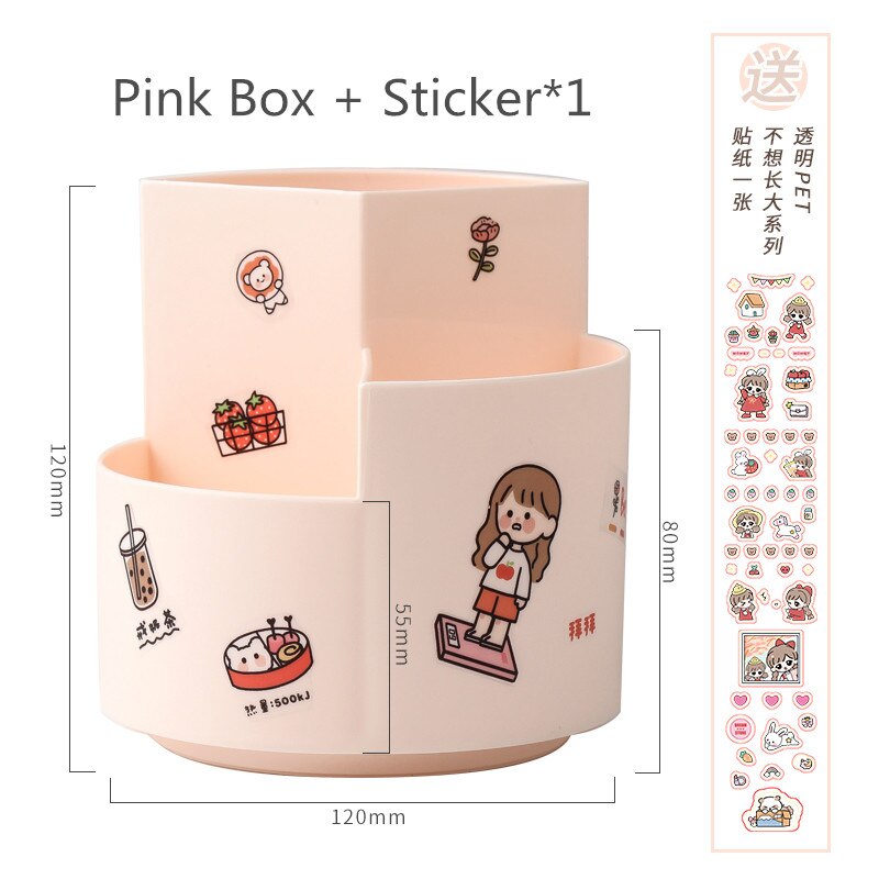 360 Degree Rotation Cute 3 Grid Drawer Desktop Storage Box Desk Organizer Holder Free Sticker School Office Stationery