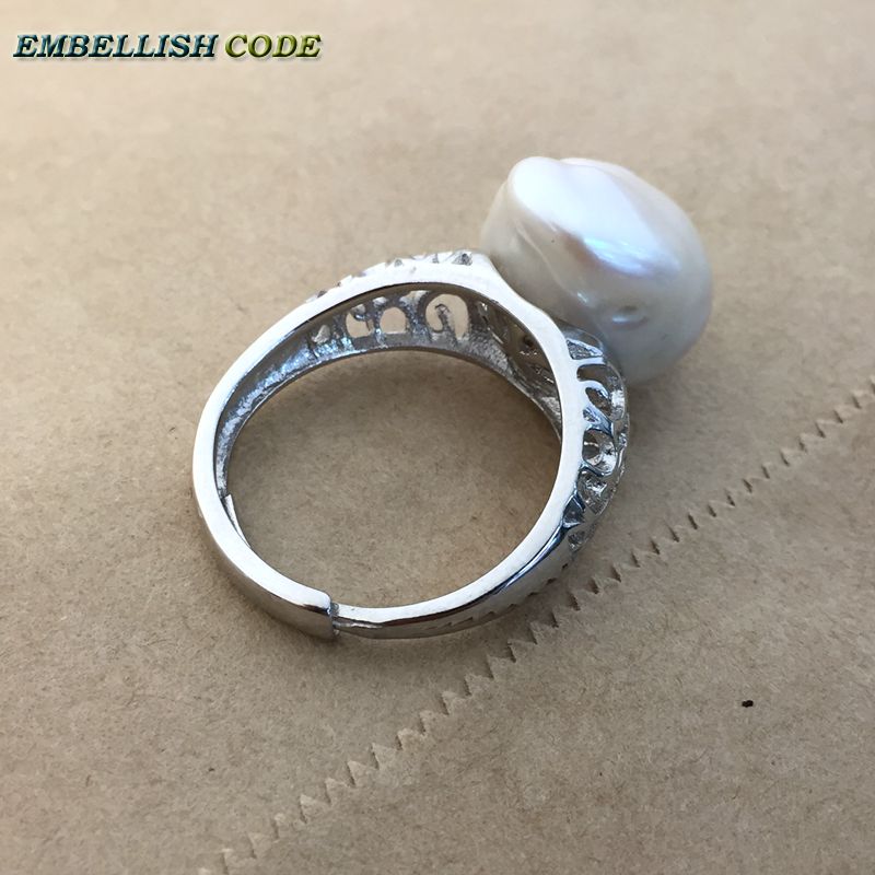 Adjustable size Resize baroque pearl 925 silver ring Retro hyperbole white Lustrous tissue nucleated fire ball shape for women