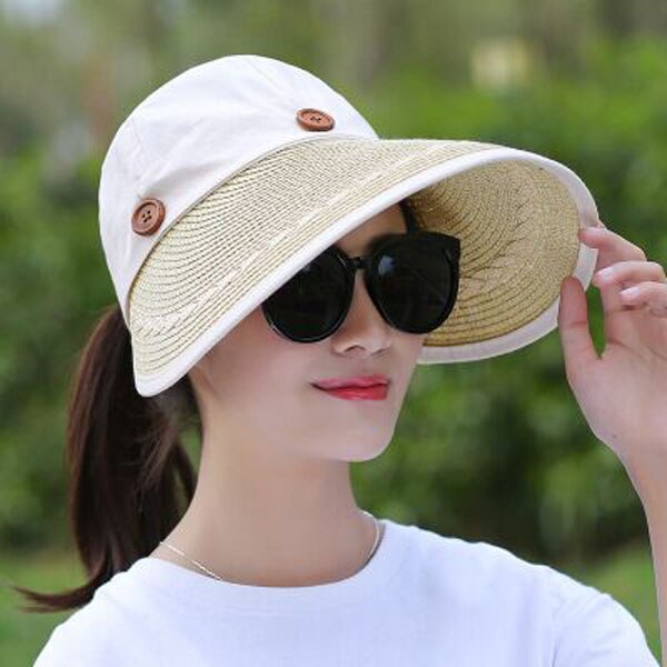 Ymsaid hatte kvinder bred stor skygge floppy sommer strand sol hat stråhat knap kasket sommer hatte kvindelig anti-uv visir cap: Beige