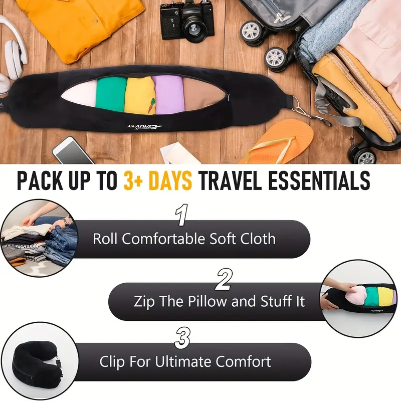 Travel neck pillow U-shaped, adjustable soft wool cover, can be filled with clothing for comfort