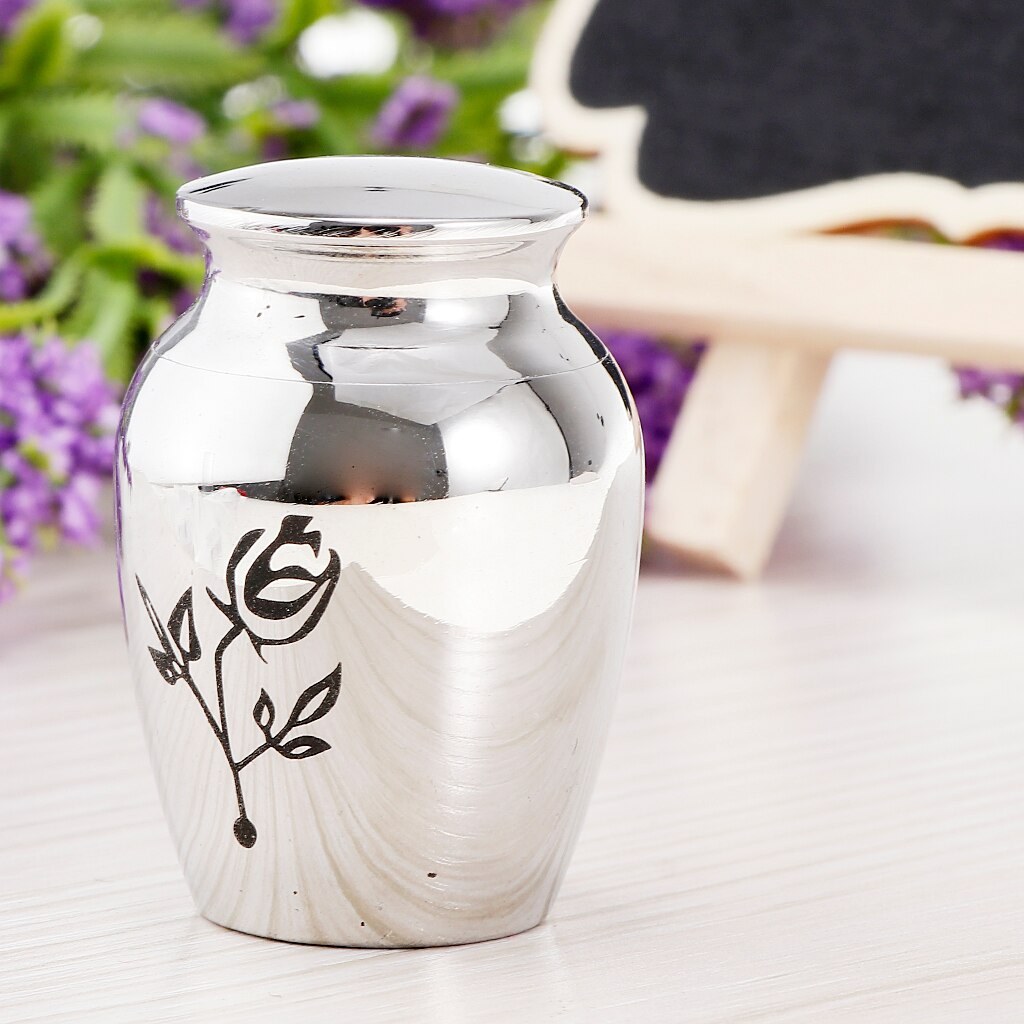 Stainless Steel Mini Urn Jar Funeral Cremation Container Rose Flower Pattern