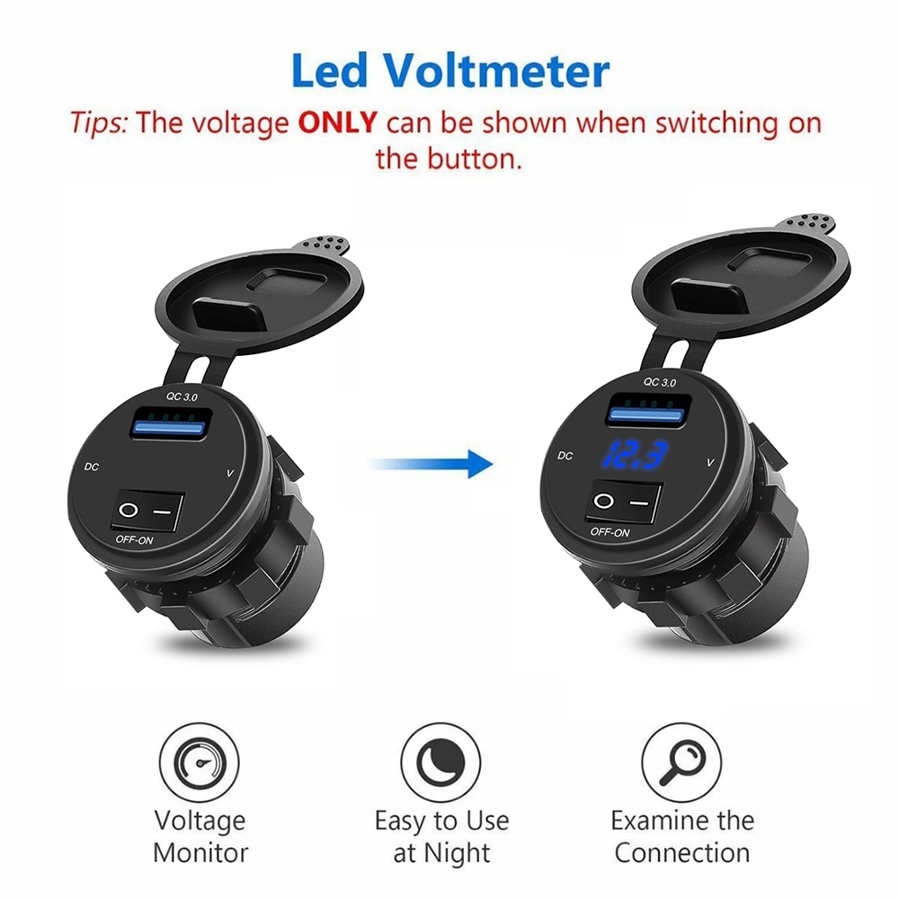 Kebidu Auto Motorfiets Sigarettenaansteker Usb Qc 3.0 Car Charger Socket Met Schakelaar Led Digitale Voltmeter Meter Monitor