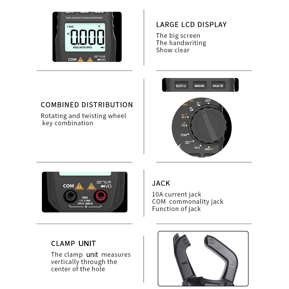 Clamp Meter 60A/600A Amp AD/DC Current RMS Digital Clamp Multimeter 6000 Counts True RMS 750V/1000V Large LCD Display Backlight