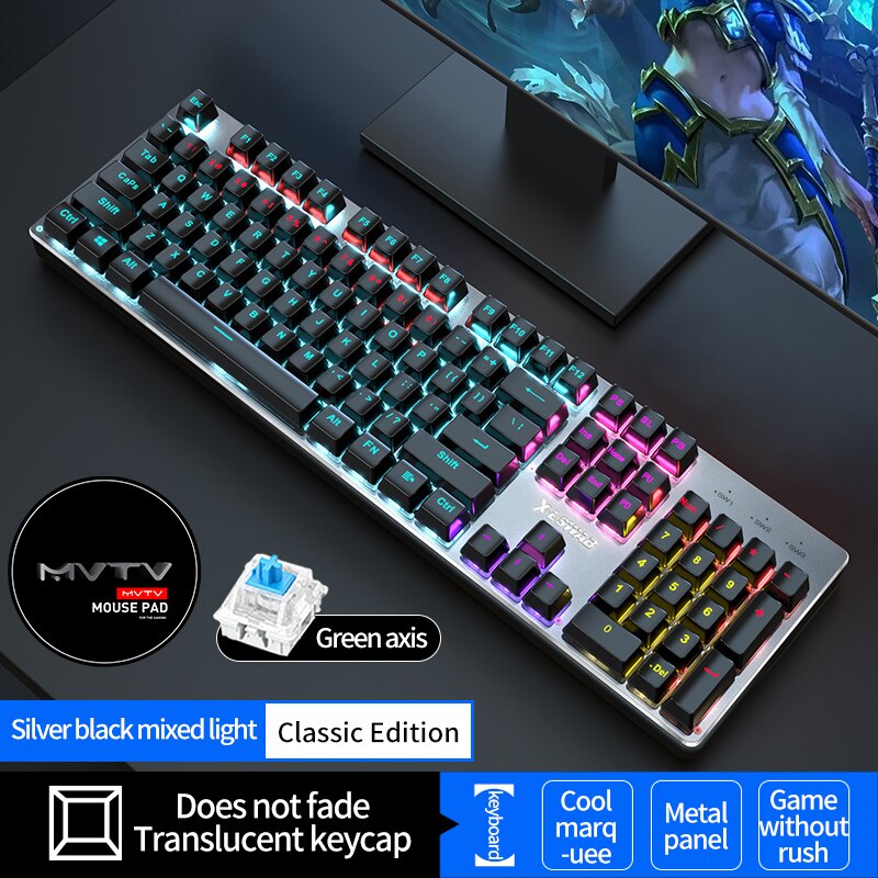 EWEADN Wired Gaming Mechanical Keyboard 104 Keycaps Blue Black Red Switch LED Backlit Multi Function for Computer PC Laptop Mac: Without knob / Blue Switch