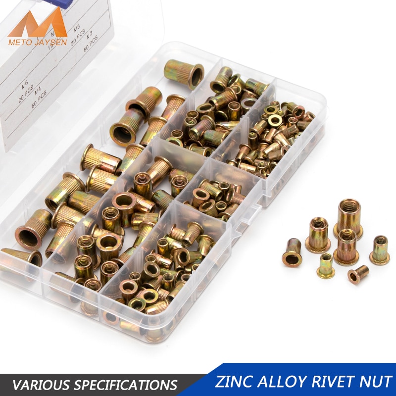 165pcs Zinc Rivet Nuts M3 M4 M5 M6 M8 Flat Head Knurled Zinc Alloy Rivet Nuts Set Multi Sizes Zinc Rivet-Nuts Assortment Kit