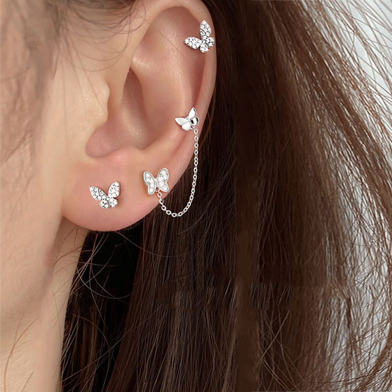 3 stücke/lot 925 Sterling Silber Stud Ohrringe Für Frauen Kristall Zirkon schmetterling form Ohrring Piercing Ohrringe Schmuck
