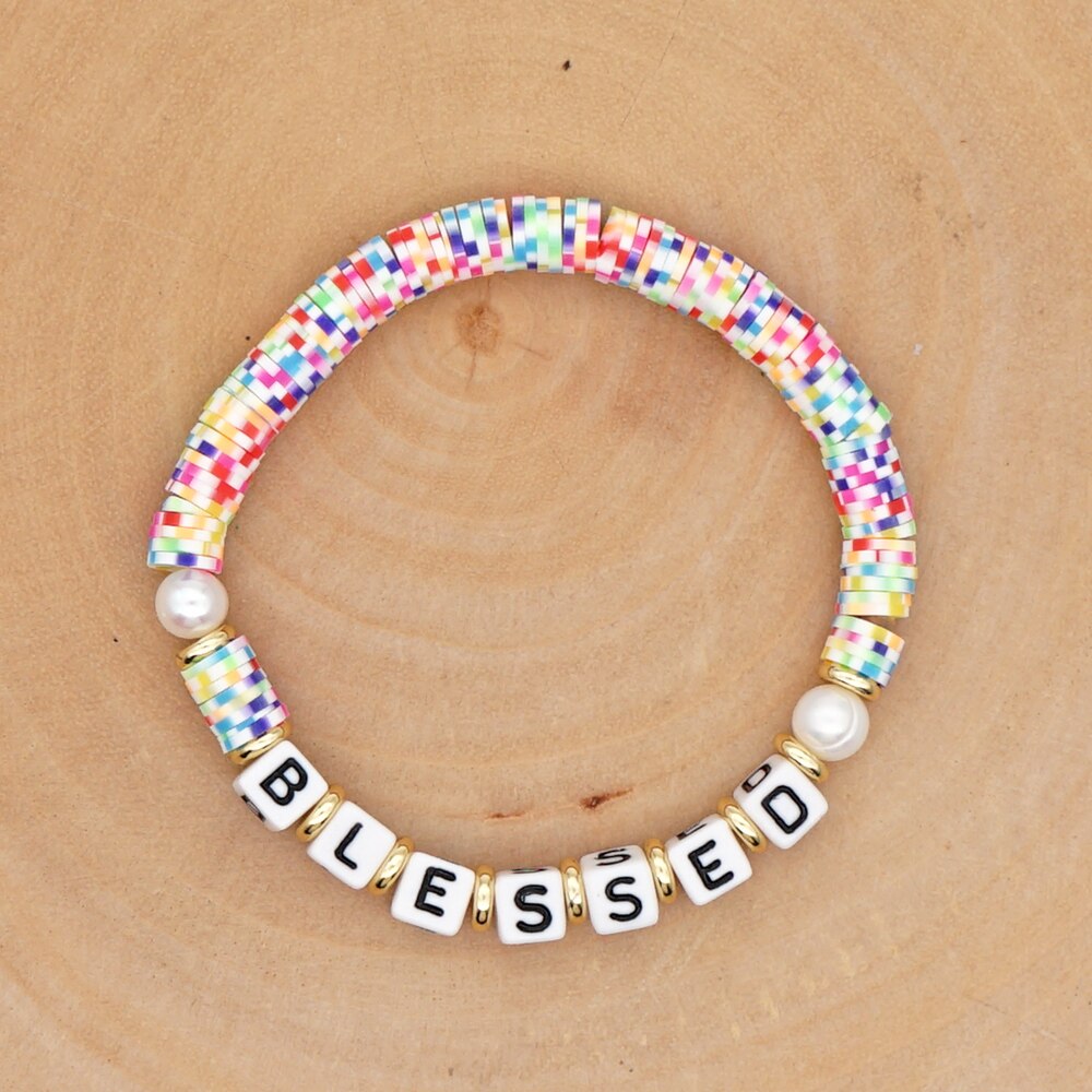 GO2BOHO Rainbow Polymer Clay Bracelets Heishi Disc Beads Bracelet Women Blessed Letter Summer Beach Pearl Pulsera Jewelry: QT-B200146F