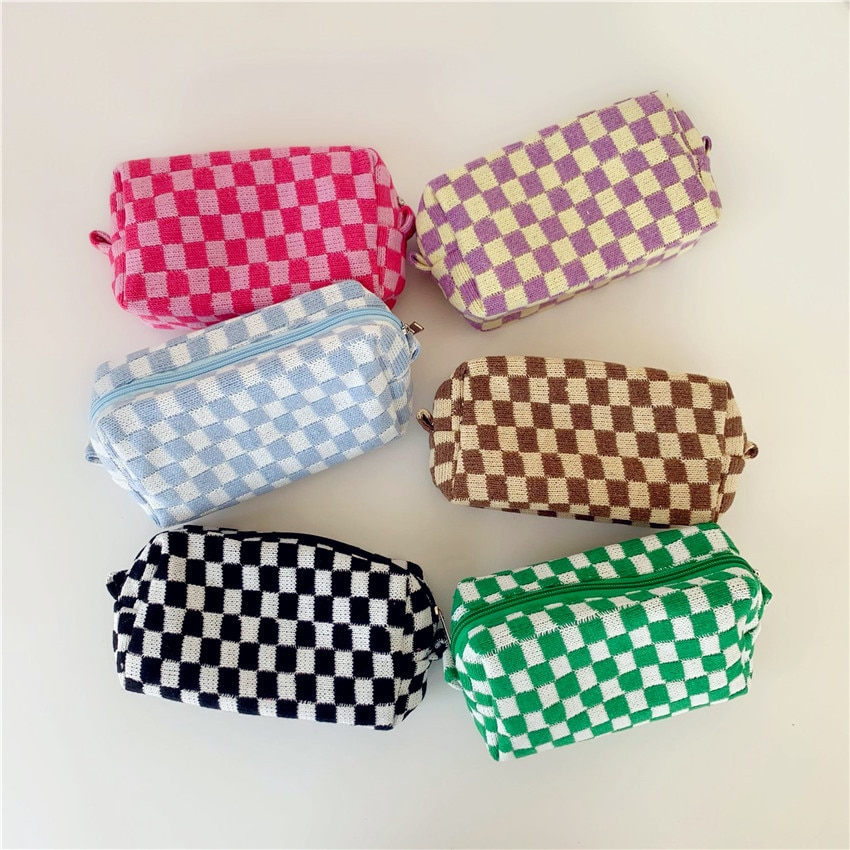 Dambord Rooster Make-Up Tas Gebreide Stof Vrouwen Cosmetische Organizer Rits Beauty Pouch Pols Make Up Pouch Toilettas Case