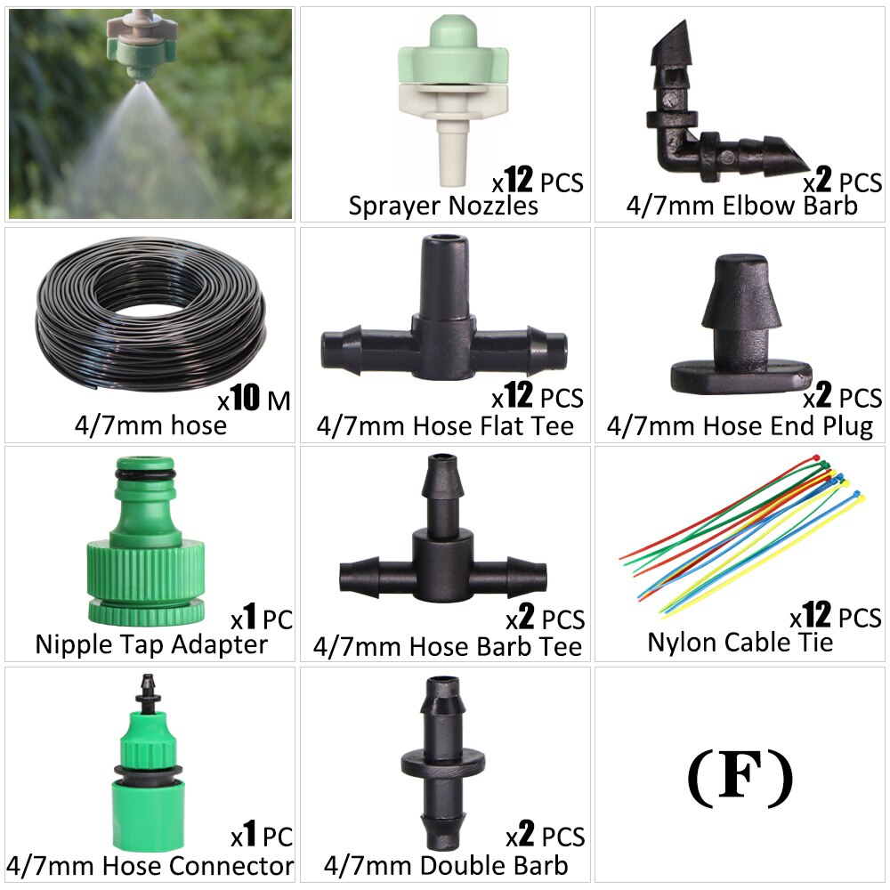 Garden Irrigation Kit Fog Nozzles Automatic Spray Sprinkler System 4/7mm Misting Watering Hose With Adjustable Dripper Connector: F