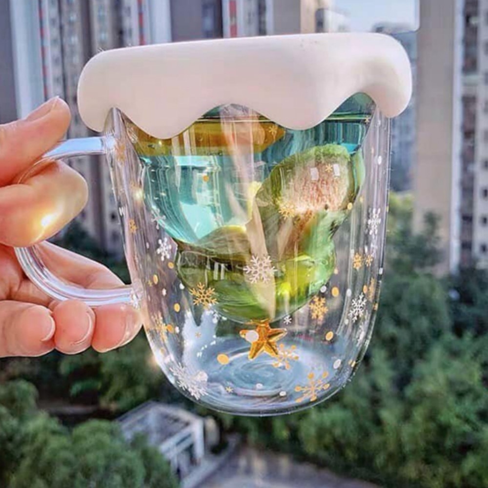 Taza de cristal con tapa para árbol de Navidad, taza de café de vidrio de doble pared resistente al calor con tapa, creativos de Navidad para niñas, 300Ml