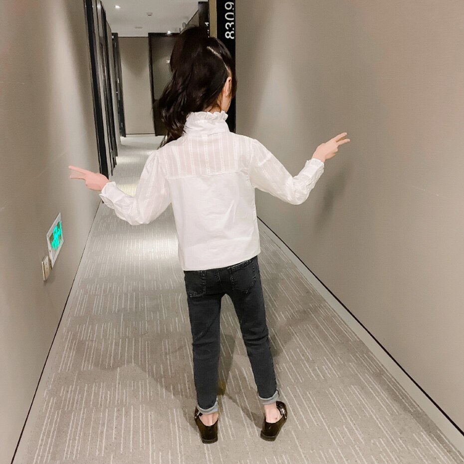 Meisjes witte blouse effen kleur meisjes school shirts coltrui kindershirt voor meisjes tienerkleding voor meisjes