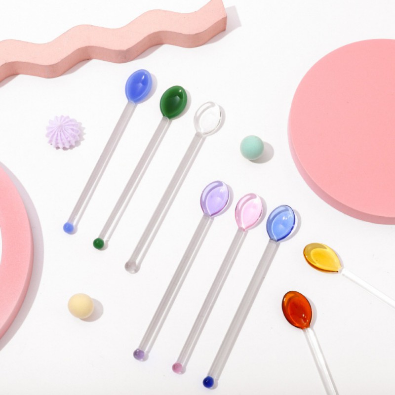 Colored Glass Mixing Spoons Transparent Glass Spoons For Home Fruit Juice Coffee Iced Beverage Mixing Spoons Tableware