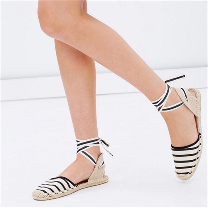 Alpargata de lona MVVJKE para mujer, zapatos planos con correa en el tobillo, parte inferior de cáñamo, zapatos de pescador para Primavera/otoño , mocasines para mujer: Striped / 7