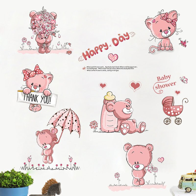 Happy Pink Bear Wall Stickers for Kids Rooms Home Decor DIY Cartoon Wall Decals Modern Warm Bedroom Decoration Mural Art Sticker