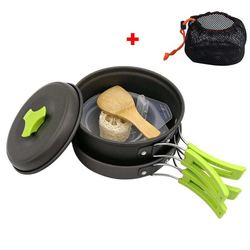 Camping Cookware Kit Outdoor Aluminum Cooking Set Water Kettle Pan Pot Bowl Travelling Hiking Picnic BBQ Tableware Equipment: Pots and Pans Green