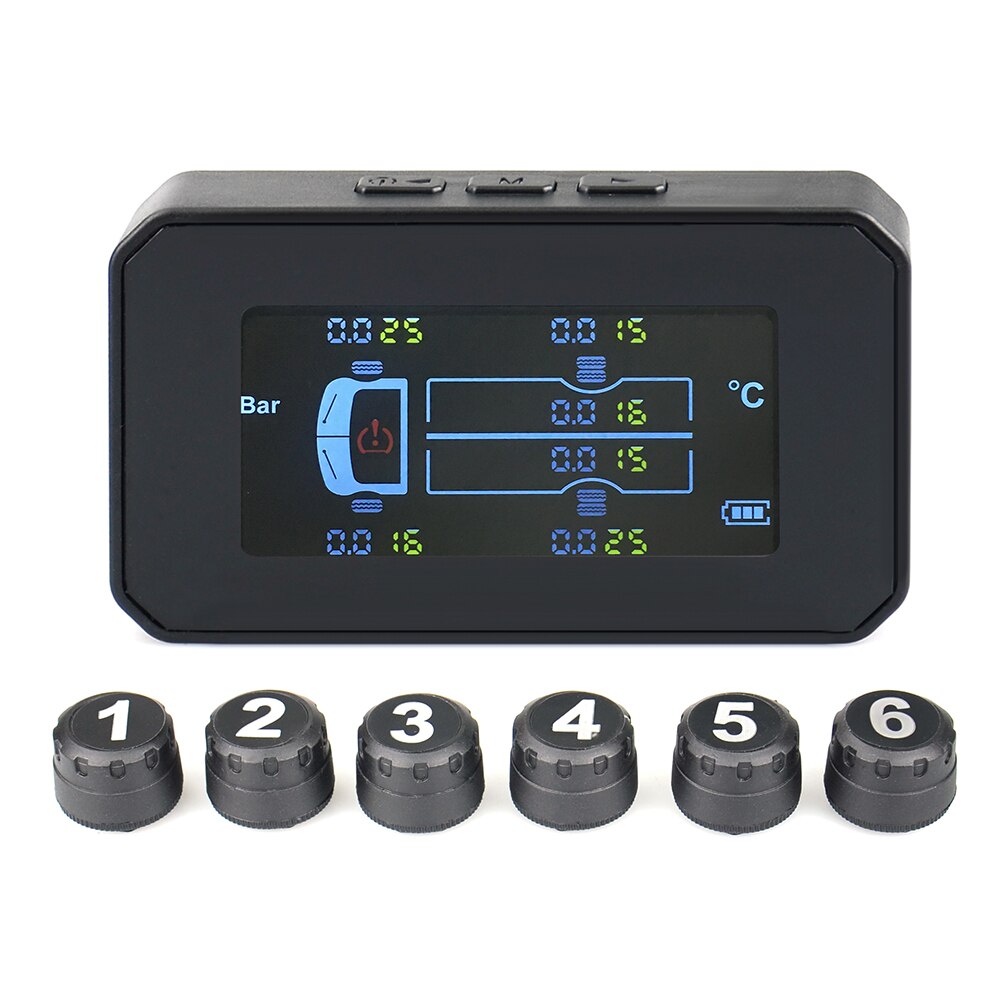Truck TPMS Tire Pressure Monitoring System TPMS Solar Charge with 6 External Sensors Digital LCD Tyre Temperature Alarm Monitor