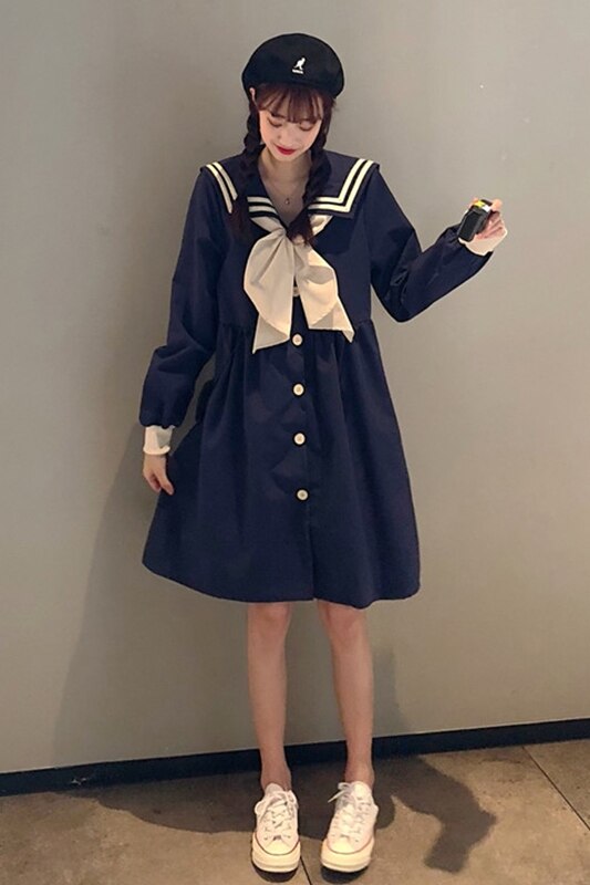 Primavera jk cuello marinero estilo universitario Vestido de manga larga femenina dulce estudiante suave suelta versión coreana de la falda japonesa tide