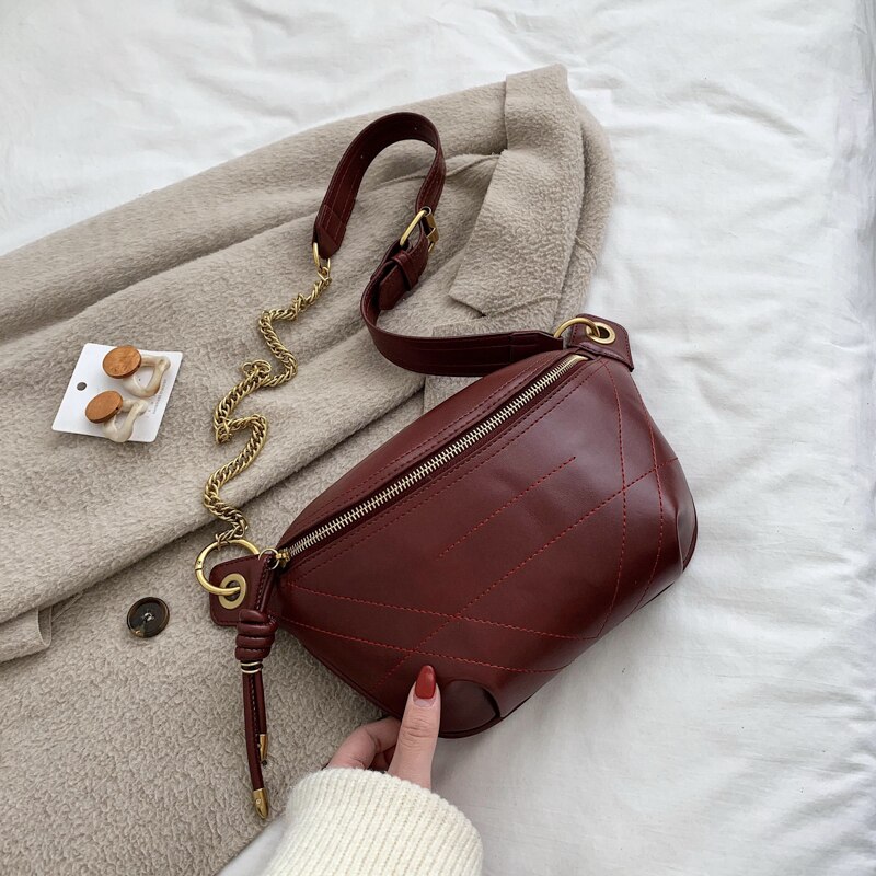 Solid Color PU Leather Crossbody Bags For Women Quality Chain Shoulder Messenger Bag Lady Travel Handbags Waist Packs: Bordeauxrood