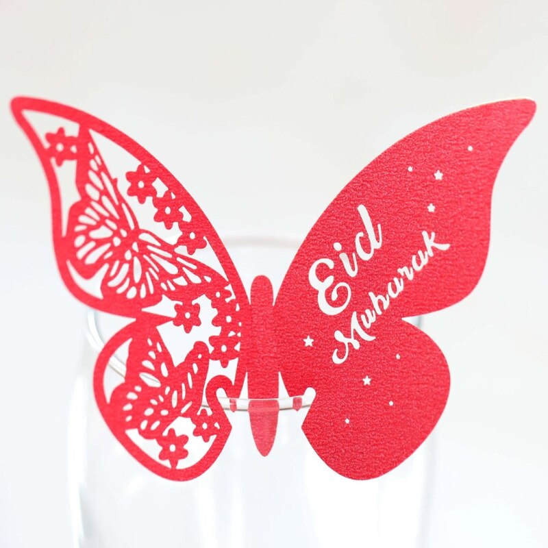100Pcs 3D Vlinder Nummer Naam Papier Plaats Kaarten Wine Glass Cup Card Eid Mubarak Ramadan Wedding Party Decoratie