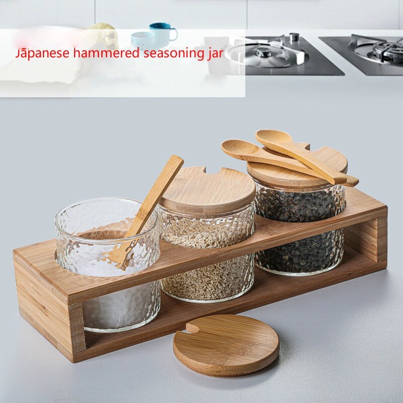 Hamer Glas, Bamboe En Hout Dressing Box Set Voor Huishoudelijke Keuken Zout Pot Kruiden Fles Container Set