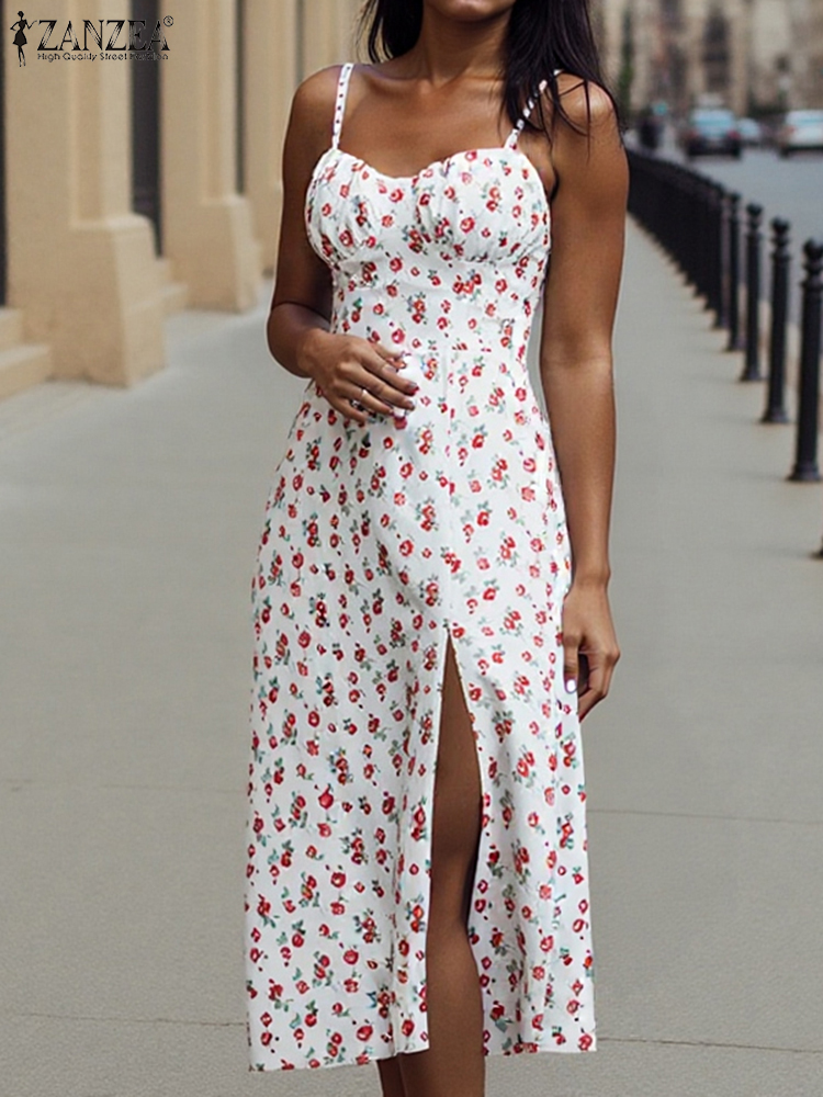 Zanzea sommerkjole dame sexy spaghettistropper leopardprint midi-sommerkjole ermeløs splitt festklubb lang kappe: Xxl / Hvit