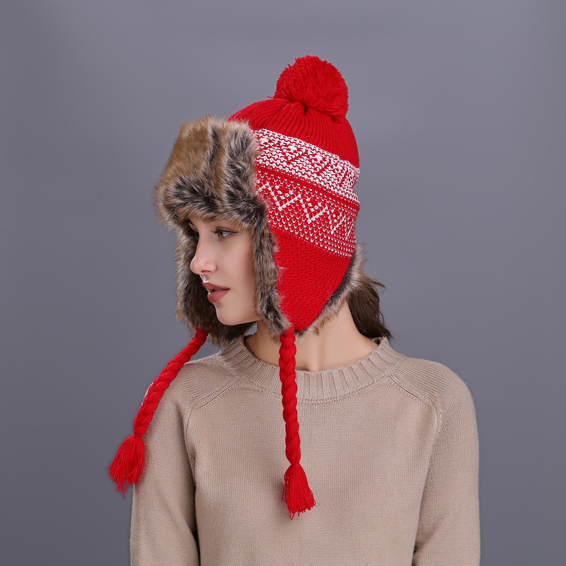 Buttermere russian ushanka luer dame strikke pels bomber lue dame luer pom pom varm høst vinter varm trapper lue: Rød