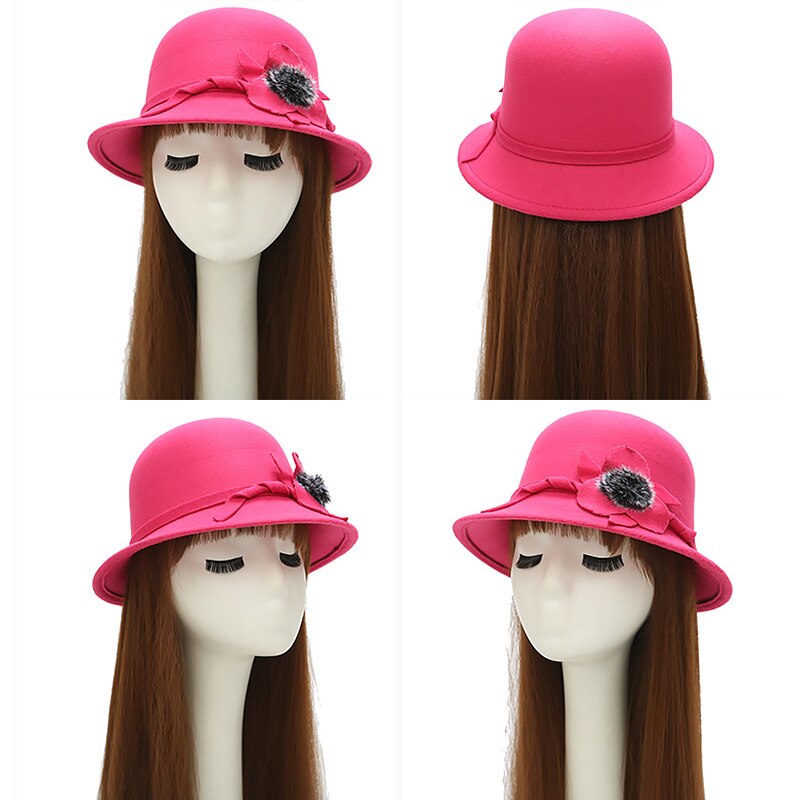 Vrouwen Meisjes Vintage Wolvilt Koepel Fedora Hoeden Dames Mode Effen Kleur Strik Bloem Emmer Hoed Voor Vrouw Winter Cap