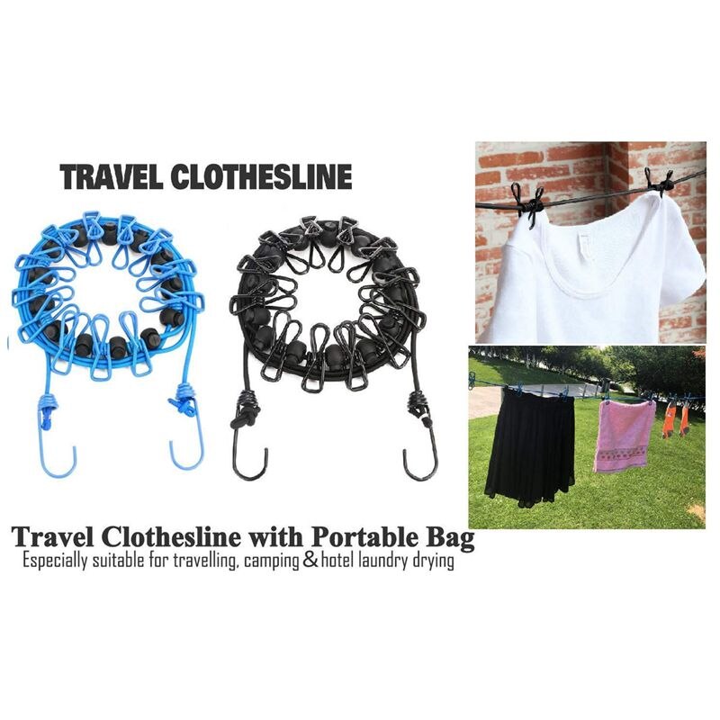 2 Pack Portable Clothesline with 12 Clothespins,Windproof Travel Clothesline Stretchy Retractable Elastic Laundry Clothes Li