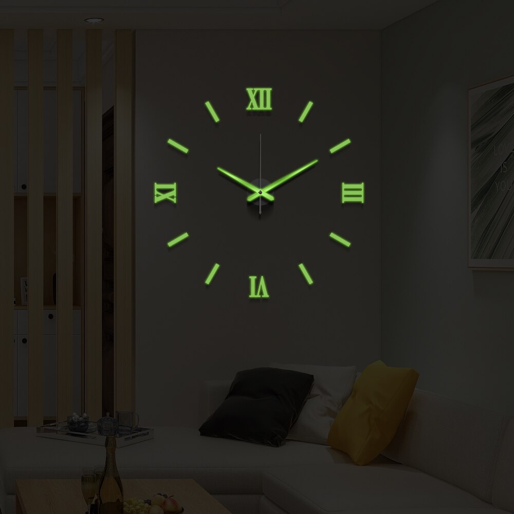 50cm 3D Wanduhr Moderne DIY Acryl Spiegel Aufkleber Uhr für Wohnzimmer Schlafzimmer Wohnkultur Große Stille elreloj Wandbild: leuchtend 002 / 30Zoll