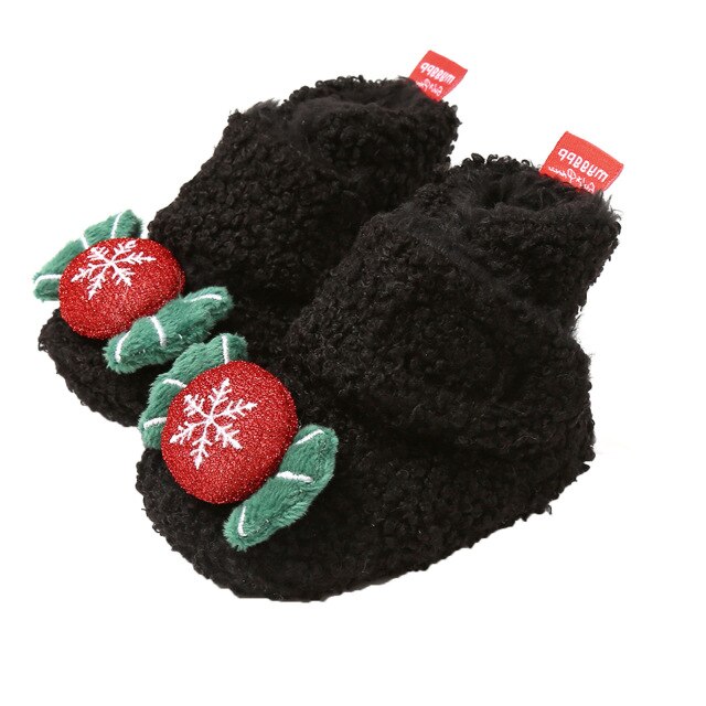 Merry Christmas Party Baby Girls Boys Booties Lovely Winter Warm Cartoon Pattern Fleece Slippers Anti-Slip Newborn Crib Shoes: Black / 12