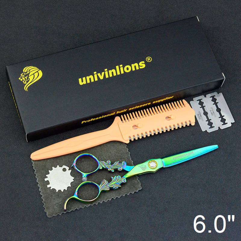 6" univinlions Rainbow 440C barber scissors hairdressing cut hairstyle salon clippers japanese hair cutting shears: 6055-Cutting