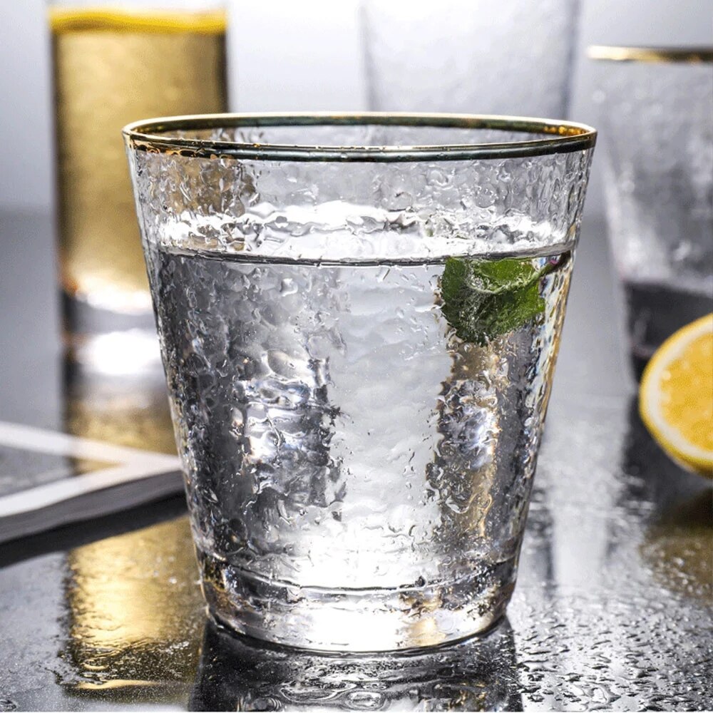 Glass Cup With Gold Rim Coffee Mug Thermal Insulation Breakfast Milk Crystal Hammer Point Ripple Cups Tumbler
