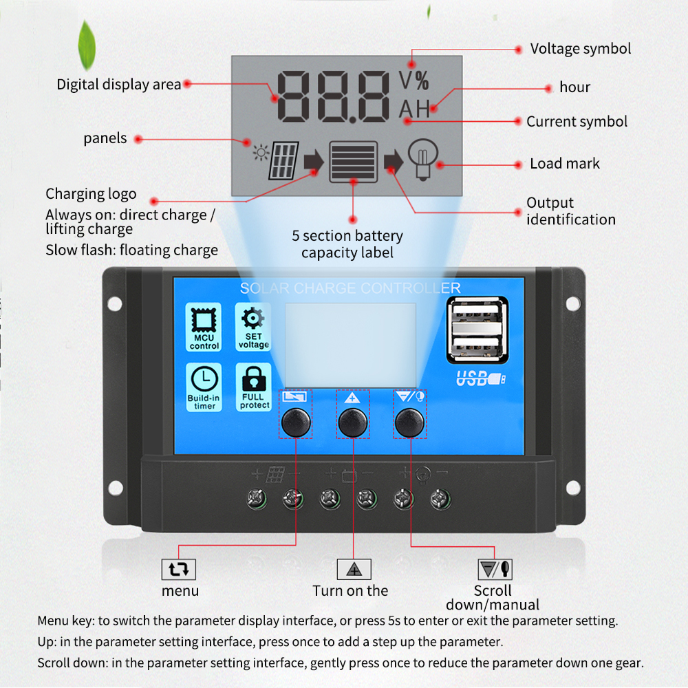 Auto Solar Controllers For Home 10A /30A LCD MPPT Solar Panel Battery Regulator Charge Controller Dual USB With 5V/2A