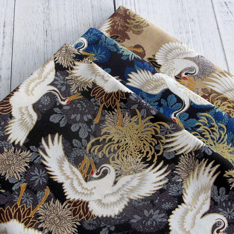 145Cm X 50Cm Japanse Crane Katoen Stof Bronzing Goud Gedrukt Stof Handgemaakte Diy Patchwork Tas Kimono Stof