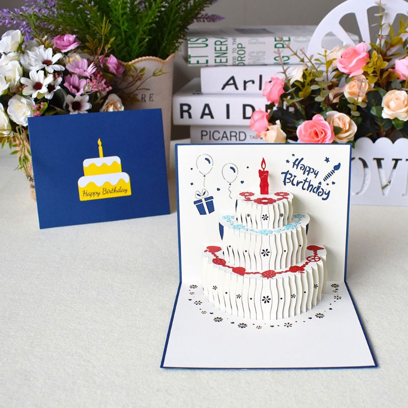 3D Pop-Up Kaarten Verjaardagskaart Voor Meisje Kinderen Vrouw Man Verjaardagstaart Wenskaart Ansichtkaarten Kaart Met envelop Stickers: Blue