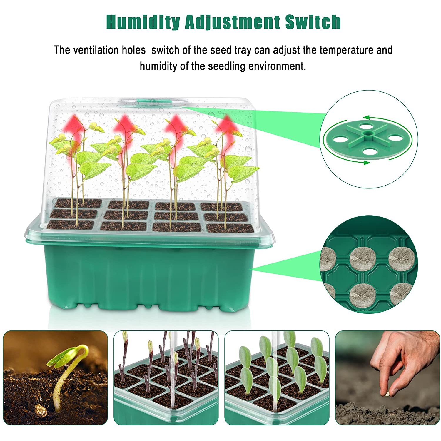 12 Cells Seed Starter Kit Plant Seeds Grow Box cSeedling Trays Germination Box with Humidity Dome and Base for Greenhouse