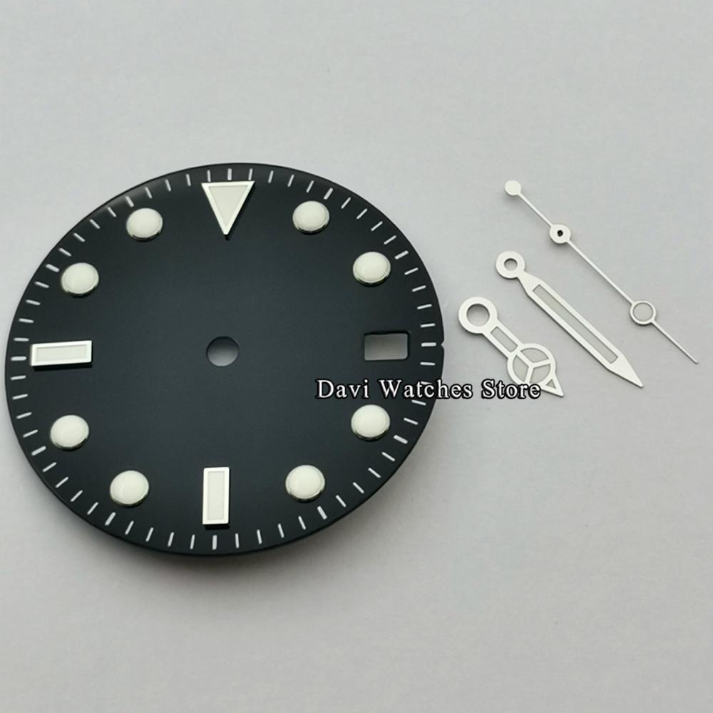 Esfera de reloj estéril de 28,5mm + manecillas de reloj plateadas compatibles con movimiento NH35, accesorios de reloj