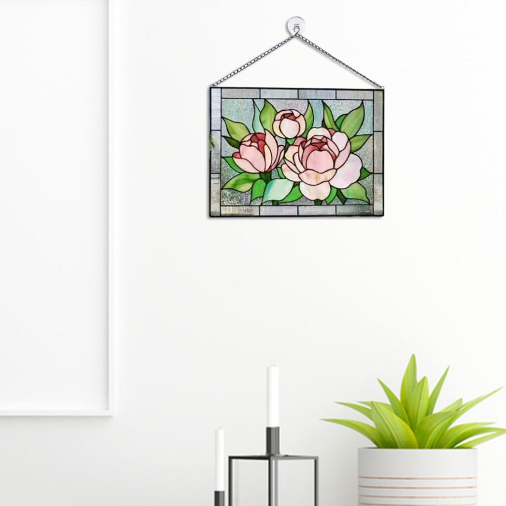 Stained Glass Window ings, Stained Glass Window Panel, Gorgeous Flowers with Chain - Art Style