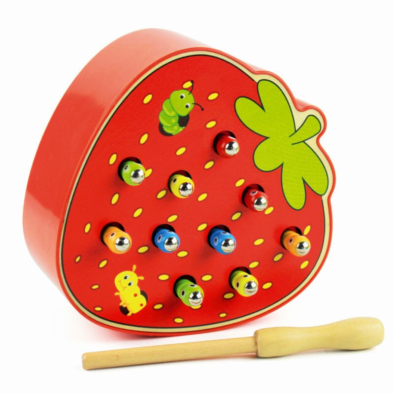 Magnetisk larve og æble / jordbær fangstorm / fiskespil, børns magnetisk fangstorm tidligt uddannet trælegetøj: Larveæble