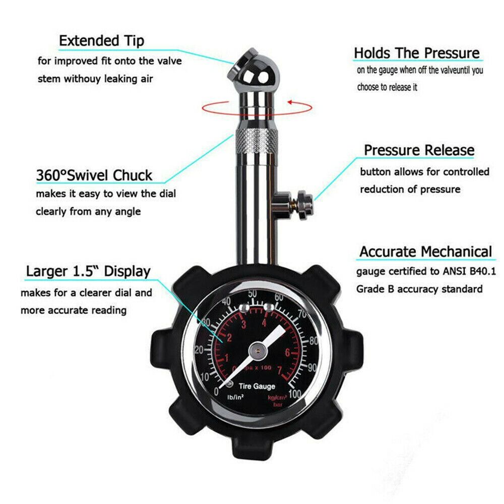 Medidor de presión de neumáticos de alta precisión, 100 PSI, monitoreo de presión de neumáticos con función de reinicio, medidor de presión de aire de coche de alta resistencia
