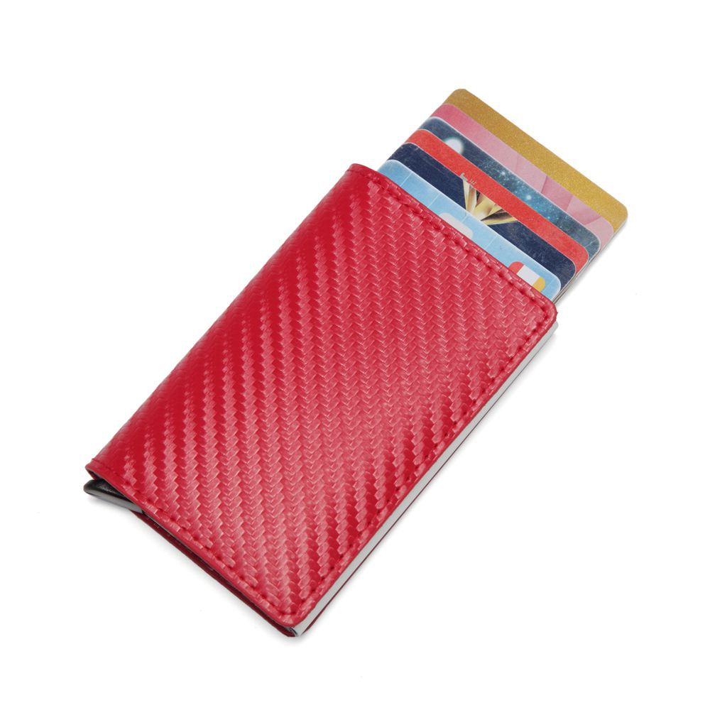 Men Automatic Credit card holder carbon fiber Leather Wallet Aluminum Mini Wallet With Back Pocket ID Card RFID Blocking purse: Red